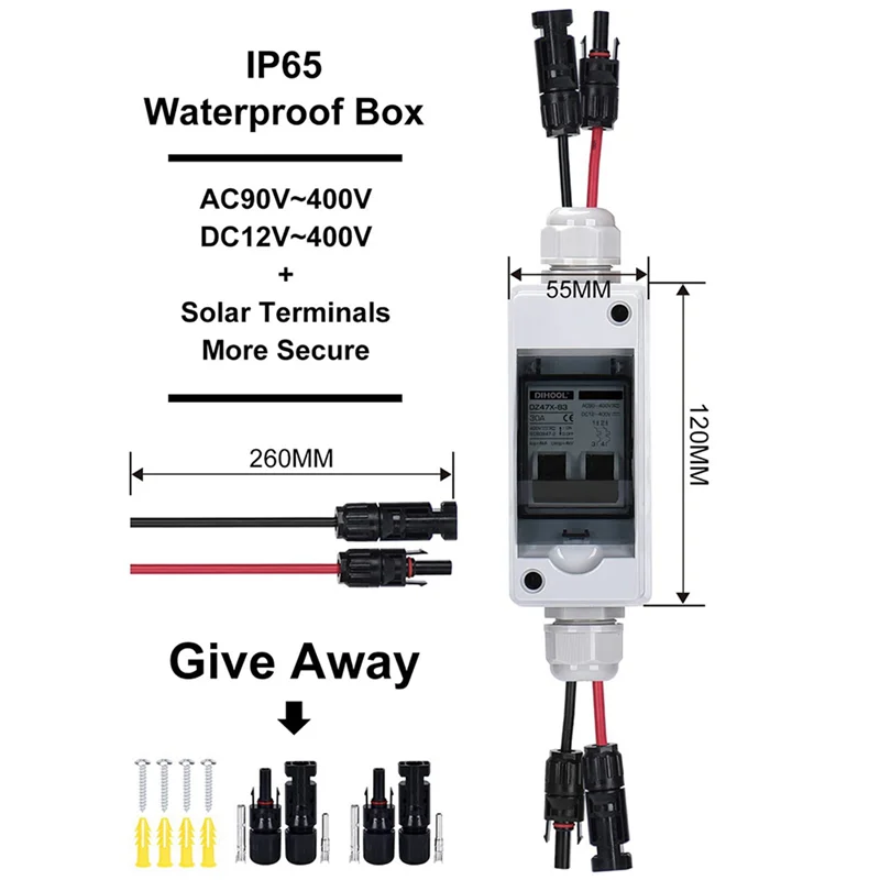 

ABBN-2X 30 Amp 12V-400V DC Disconnect Switch Miniature Circuit Breaker With Distribution Box For Solar Panels Plug-And-Play