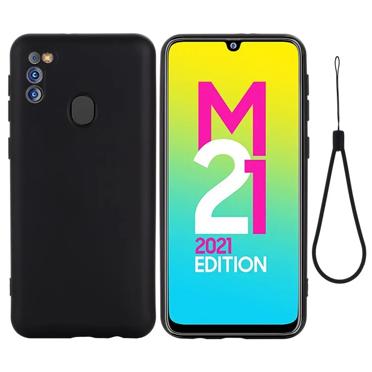 

Anti-Scratch Microfiber Liner Shock Absorption Liquid Silicone Case with Strap for Samsung Galaxy M21 2021 - Black