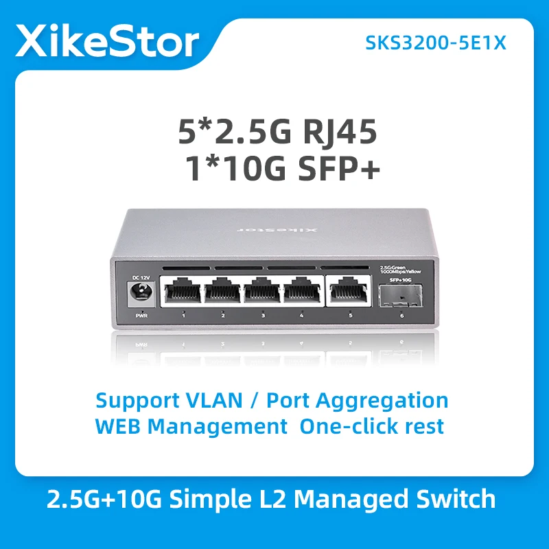 

XikeStor 2.5G Simple L2 Managed Switch 5-Port 2.5G RJ45 1-Port SFP+ Ethernet Switch Support VLAN and Port Aggregation