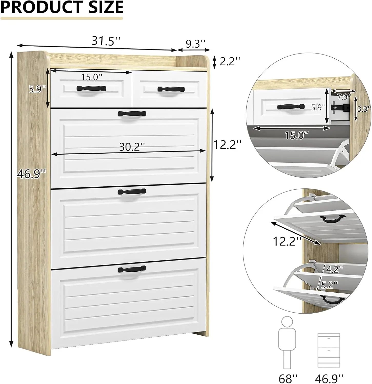 Shoe Storage Cabinet with 3 Flip Drawers & 2 Horizontal Drawers, Large Shoe Organizer Cabinet Fits for Kinds of Shoes