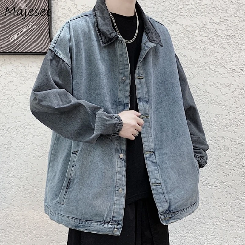 

Jackets Men Kpop New Fashion Leisure Simple Outwear Loose Patchwork Autumn Denim Coats Vintage High Street Chic Turn-down Collar