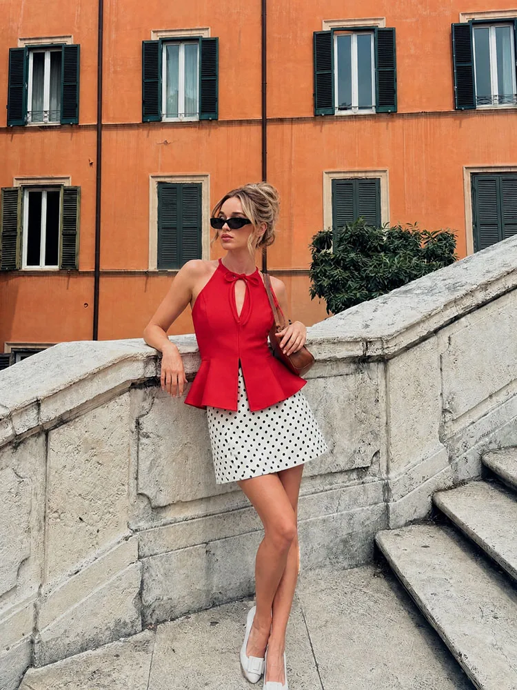 HH Women Summer Spring Minimal Elegant Bright Red Halter Neck Top Self Tie Bow Front Split Peplum Hem Sleeveless Fitted Blouse