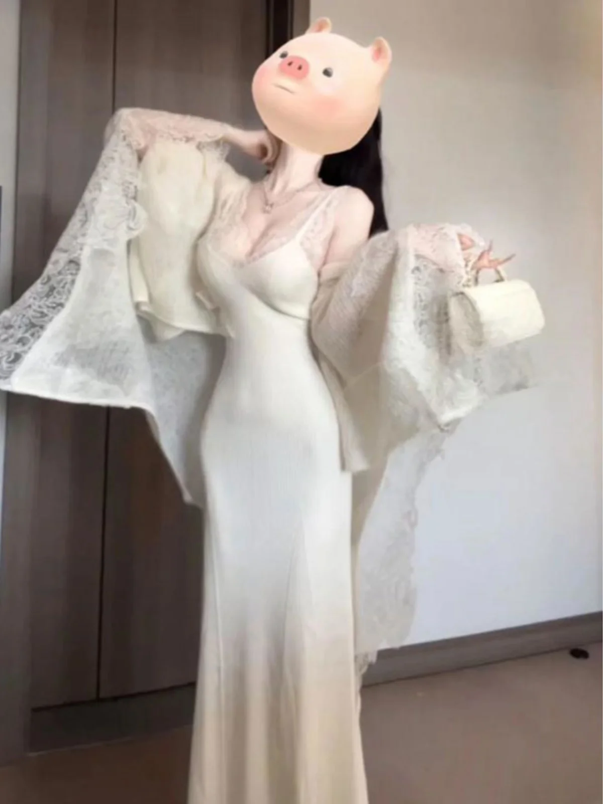 

Elegant Lace Shoulder Shawl Strap Dress Korean Style Two-Piece Set Summer Match Whole Set Ladylike Fashion Shawl Wrap Dress