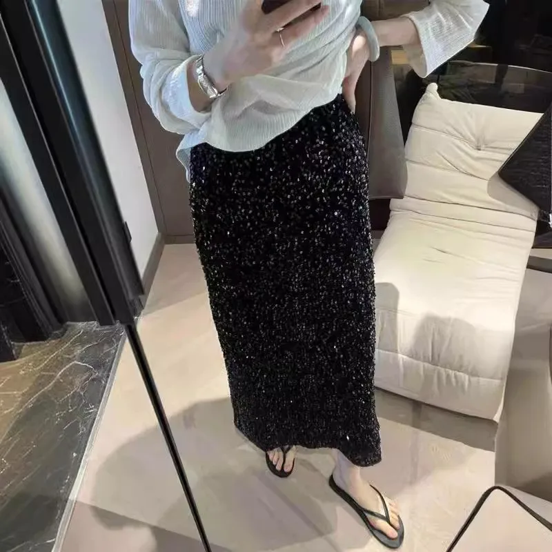 

2025 High Waisted Sequined Skirt for Women with Elastic Waistband and Back Slit Elastic Straight Tube Long Skirt