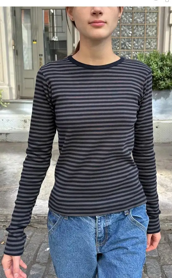 Y2k Top Tees T-shirt Gotica E-girl Emo Abbigliamento Vintage anni 2000 Estetica Manica lunga T-shirt a righe Crop Top Streetwear