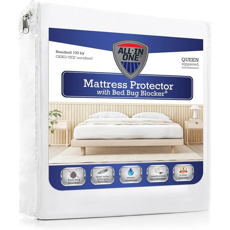 

All-in-One Mattress Protector, Zippered Encasement, Water & Stain Resistant, Triple Seal Protection, Queen, White