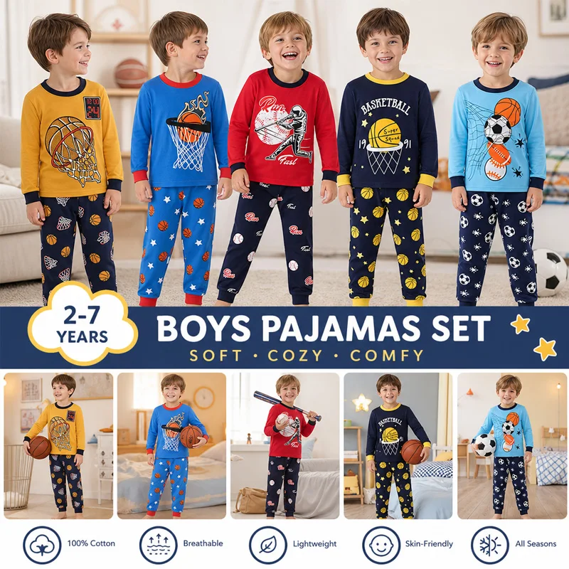 Little Hand Boys Cotton Sport Long Sleeve Pajama Set Toddler Basketball Baseball Print Sleepwear Kids Loungewear for 2-7T
