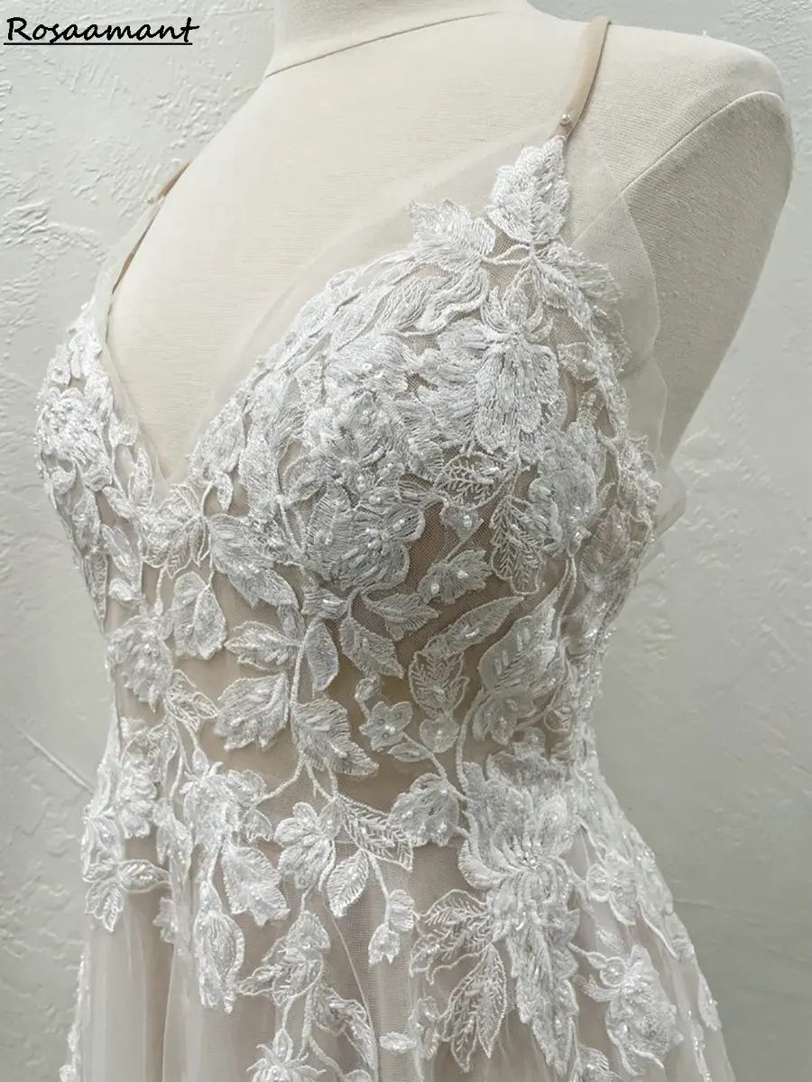 Gaun Pengantin A-Line Tali Spaghetti Ilusi Sederhana Gaun Pengantin Pedesaan Renda Applique Tanpa Lengan