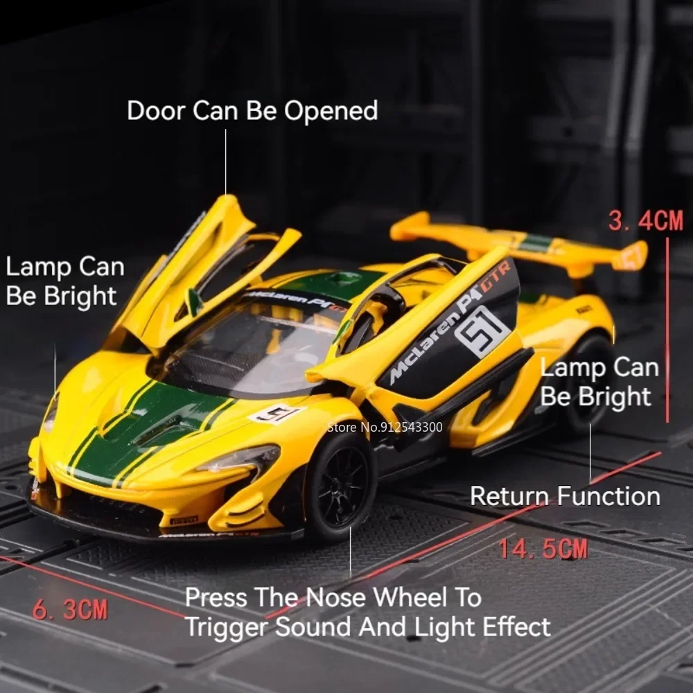 1/32 Scale McLaren P1 Gtr Model Car Toy Metal Diecast 2 Doors Opened Racing Vehicle Models Music Light Collection Gifts for Boys