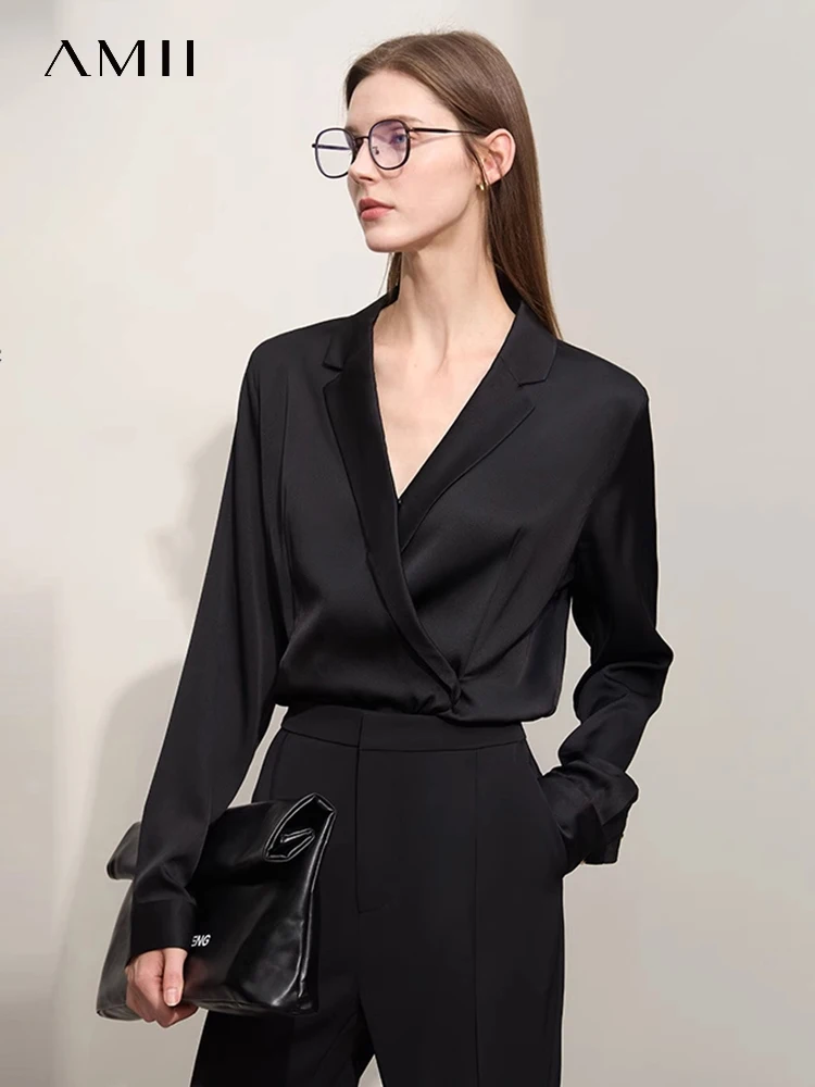 

Amii Minimalism 2024 Spring Women Silk Blouse New Light Luxury Solid Lapel V-neck Side Placket Long-sleeve Soft Trendy 12441293