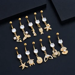 1pc Long Dangled Sexy Belly Button Rings Starfish Shell Crab Belly Piercing Nombril Gold Curved Navel Ring Beach Party Piercings