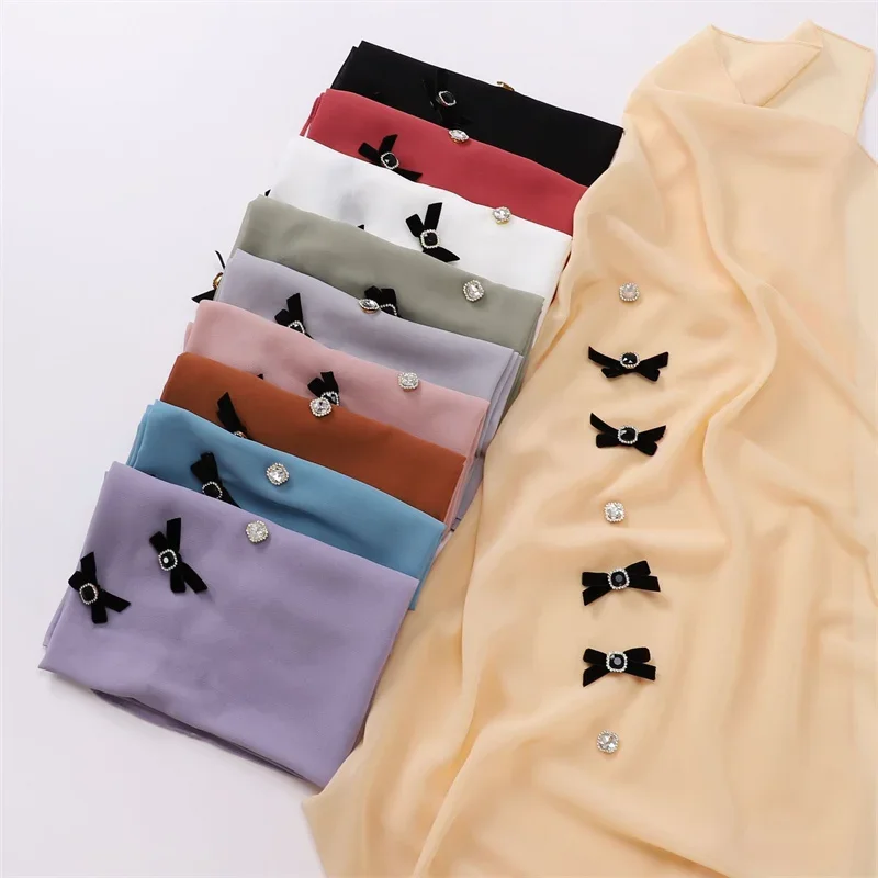 

Muslim Women Solid Color Plain Chiffon 90CM Square Headscarf Hijabs Handmade Embroidered Butterfly Chiffon Hijabs With Pendants