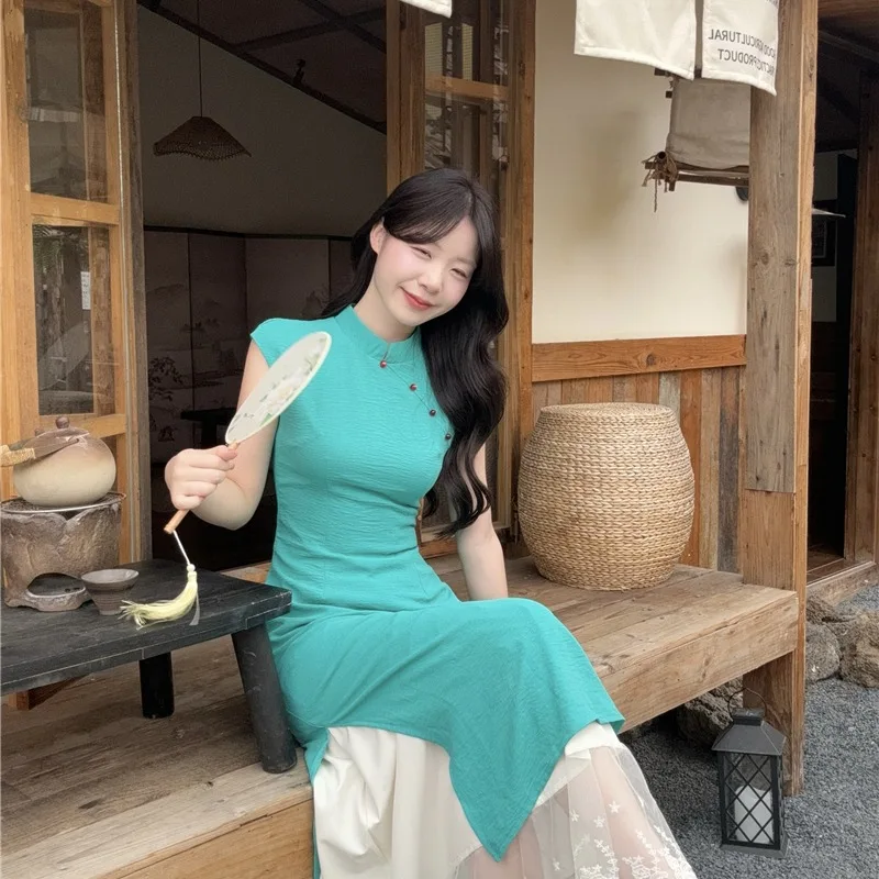 

New 2026 Summer Chinese Style Short Sleeve Slimming Dress Set Stand Collar Asymmetrical Hemline Fashionable Women's...