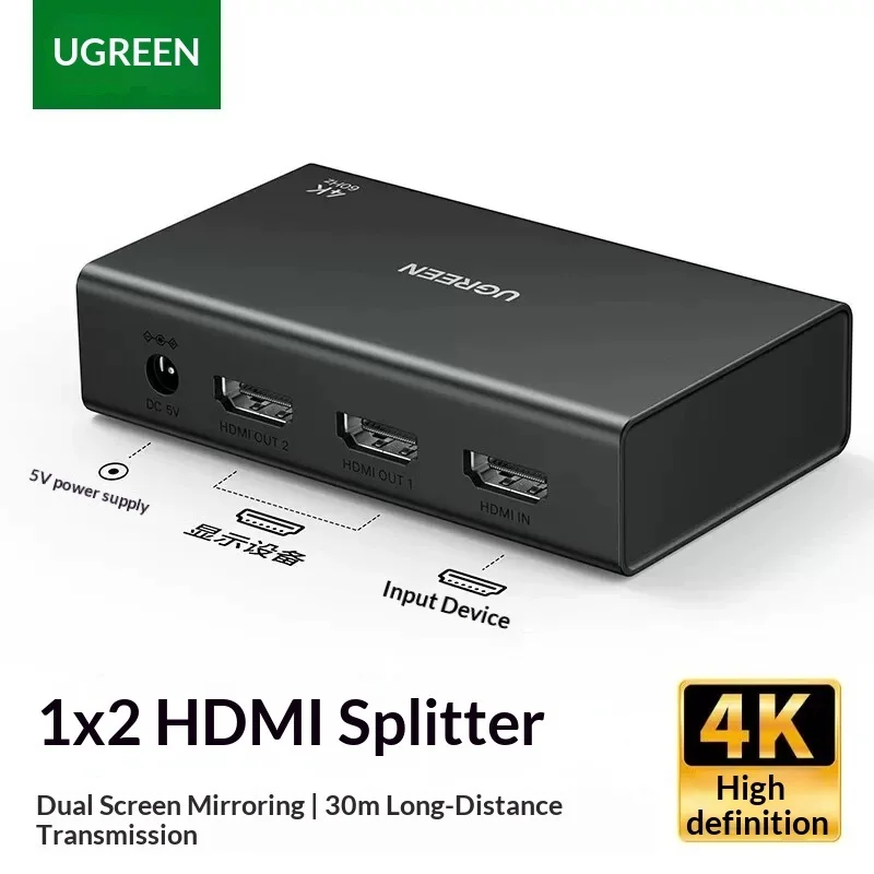 UGREEN CM601 90803 HDMI Splitter 1 in 2 Out 4K 30Hz Dual Display Mirroring Distributor for TV Monitor Projector