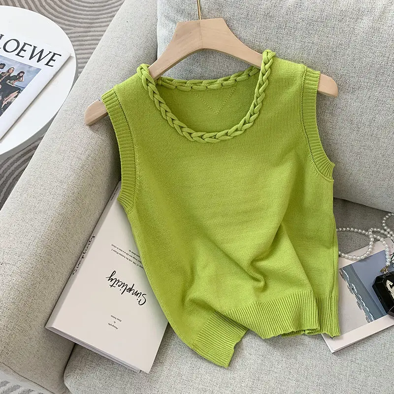 Green Tank Top Slim Fit Round Neck Sleeveless Vest Knitted Vest Women Clothing Y2k Tops Y2k Accessories