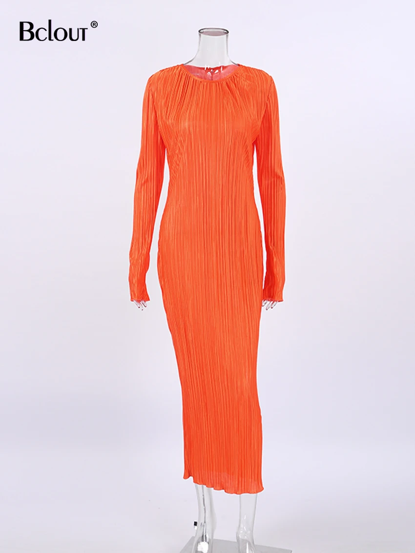 Bclout Elegant Orange Tight Dress Women 2024 Summer O-Neck Long Sleeve Pleated Dress Fashion High Waist Sexy Long Dresses Female