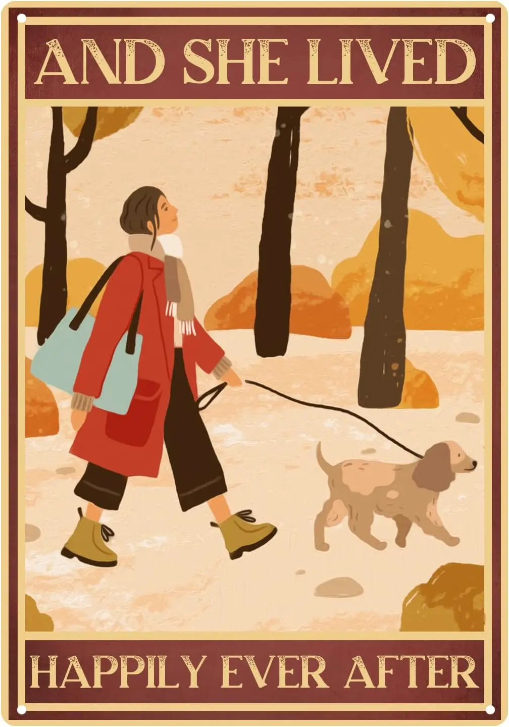 And She Lived Happily Ever After Tin Sign, Girl And Dog Walking In Field Art Vintage Metal Tin Signs For Men Woman, Quotes  sign