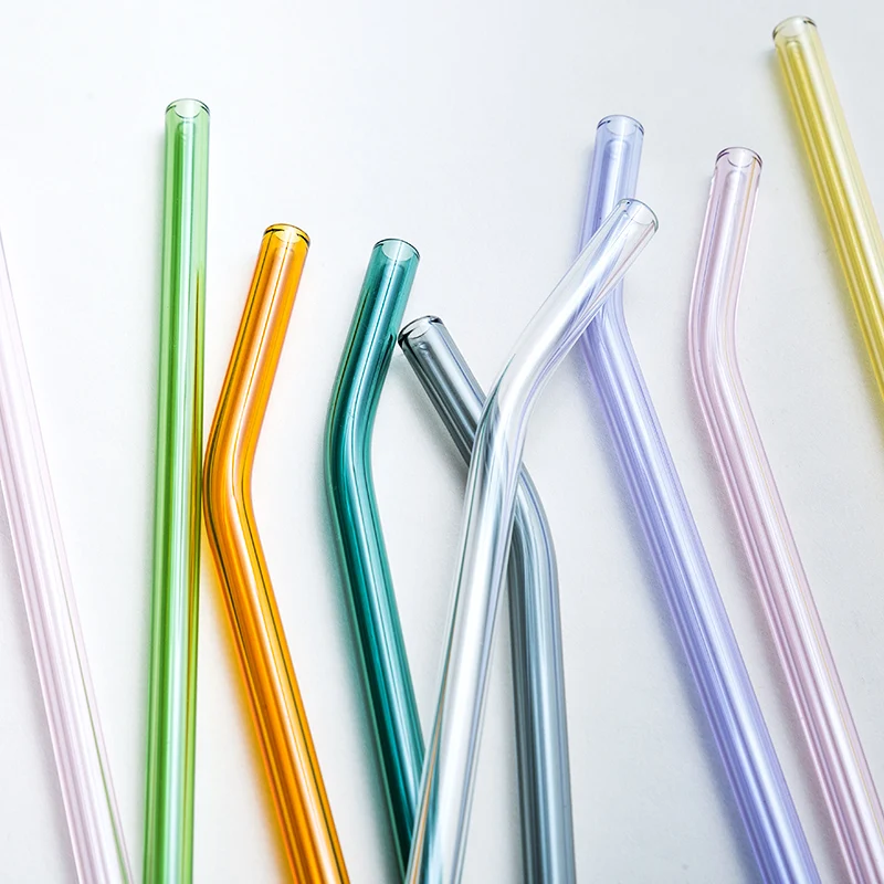 3/4Pcs Colorful Glass Drinking Straw Cocktail Milk Tea Straight Curved Eco-friendly Reusable Heat Resistant With Cleaning Brush