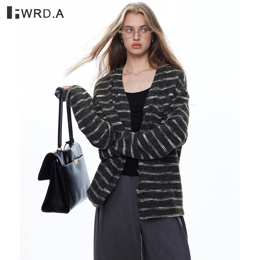 

FWRD Autumn Striped Fuzzy V Neck Knit Cardigan Women Soft Brushed Texture Loose Fit Lazy Style Casual Sweater Jacket #FWRD6057