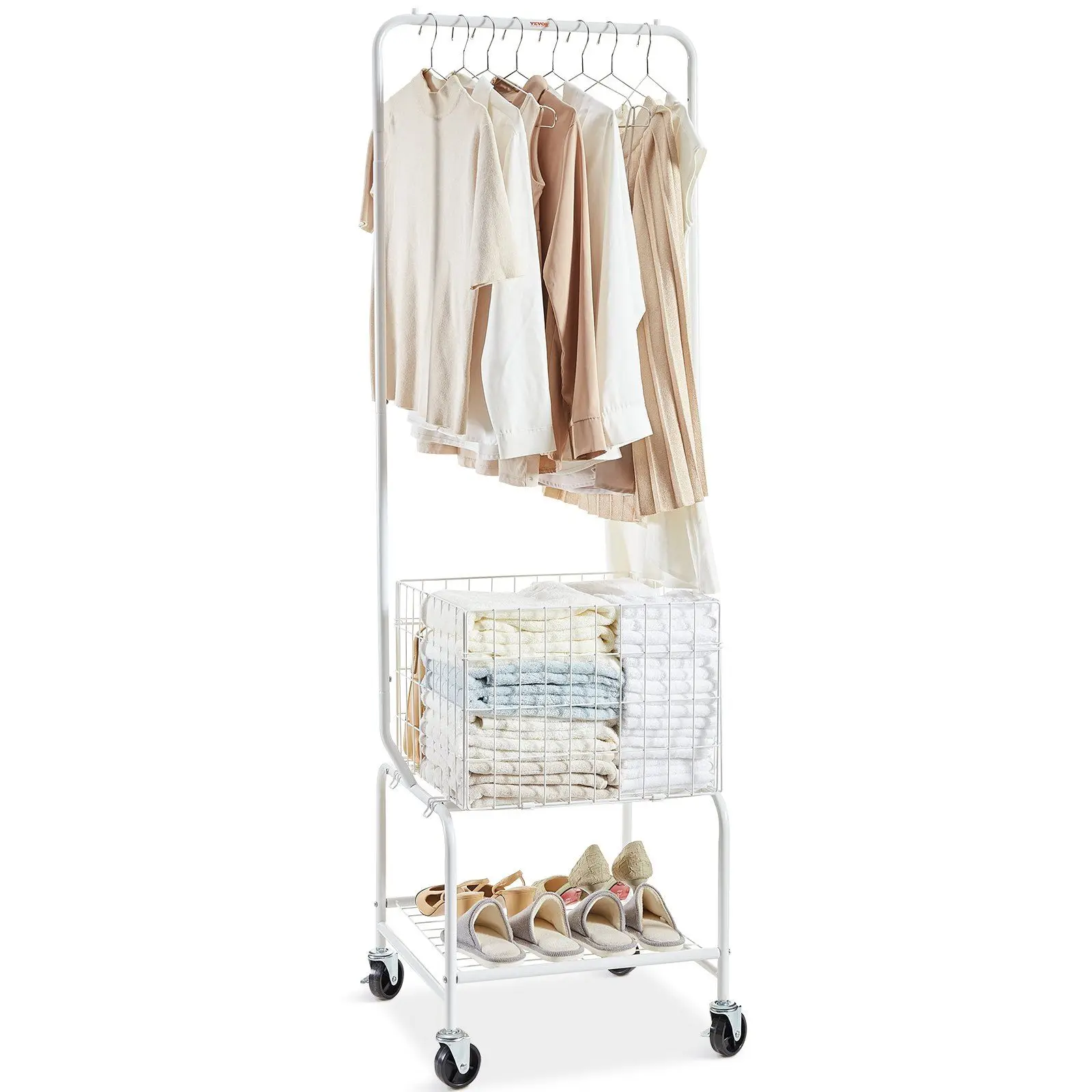 

Height Adjustment Laundry Hamper Cart with Hanging Garment Rack Metal Rolling Laundry Basket with Heavy Duty Lockable Wheels