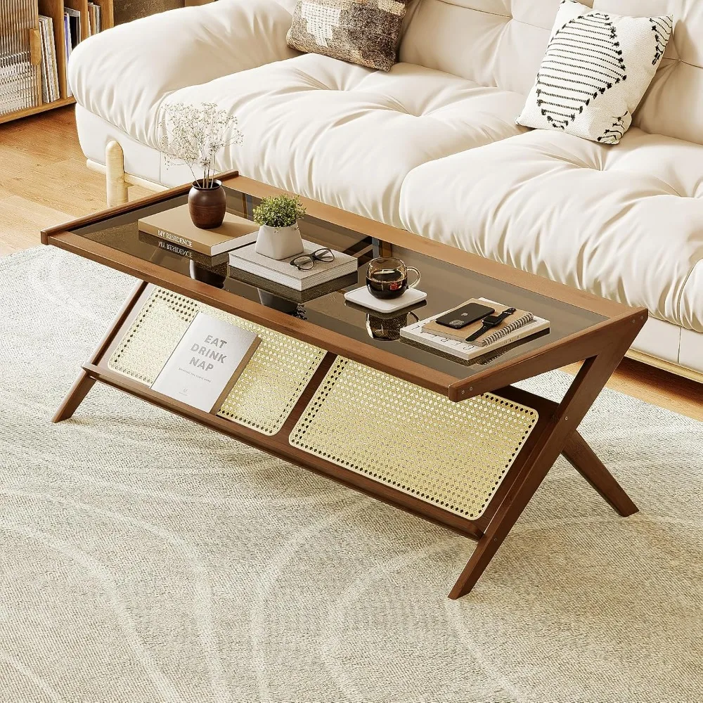 mid-century modern coffee table with glass top rattan center table with storage for living room table