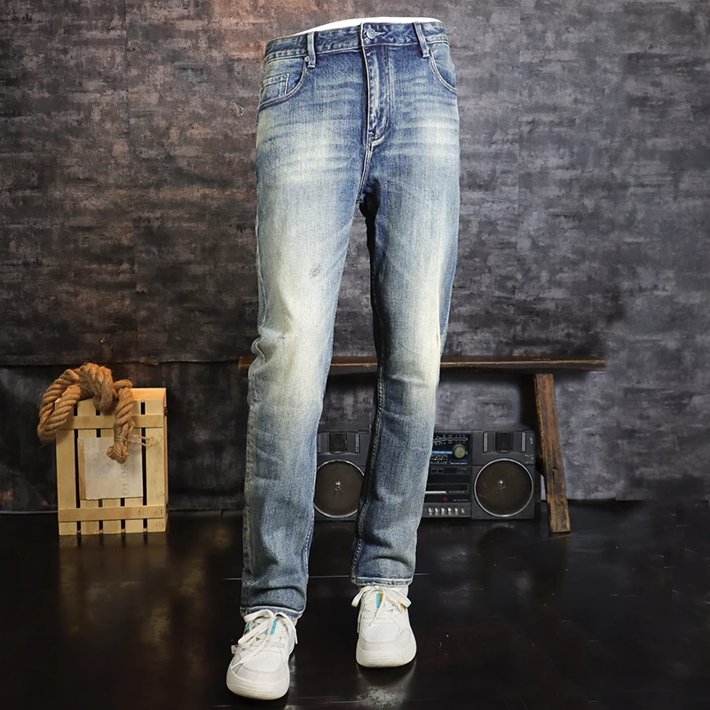 Newly Designer Fashion Men Jeans High Quality Retro Washed Blue Stretch Skinny Fit Ripped Jeans Men Vintage Trousers Denim Pants