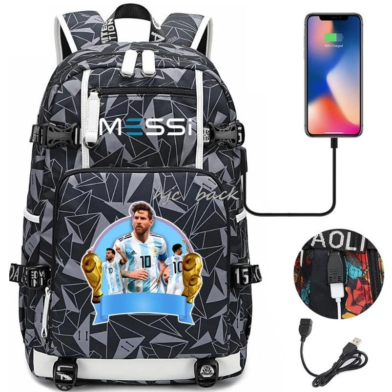 ใหม่กระเป๋าเป้สะพายหลัง Messi ลายพรางความจุ USB 18นิ้วกระเป๋านักเรียนแล็ปท็อปการเดินทางธุรกิจมัลติฟังก์ชั่นกันน้ำ