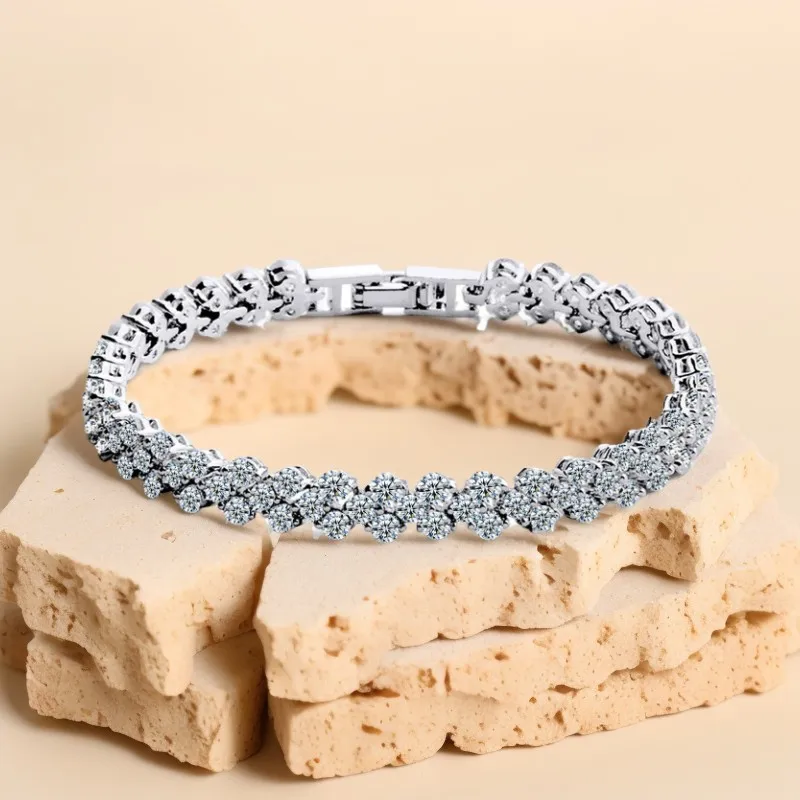 

Luxurious 925 Silver 5a Cubic Zirconia Tennis Sparkling Crystal Roman Bracelet, Suitable For Female Brides Wedding Jewelry Gifts