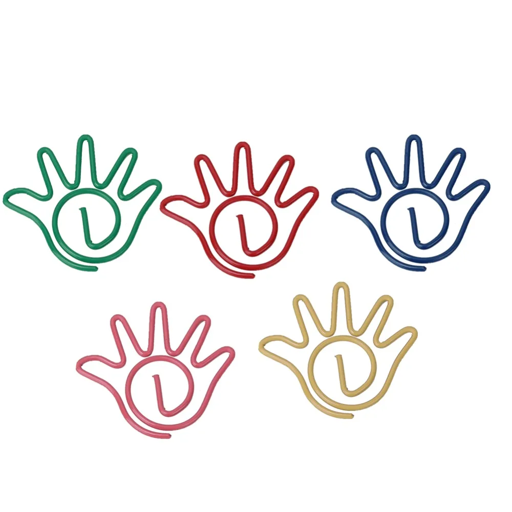 60pcs 5 Colors Paper Clip with Storage Box Hand Shaped Memo Clips PET plastic-covered wire 26*24mm School Stationery