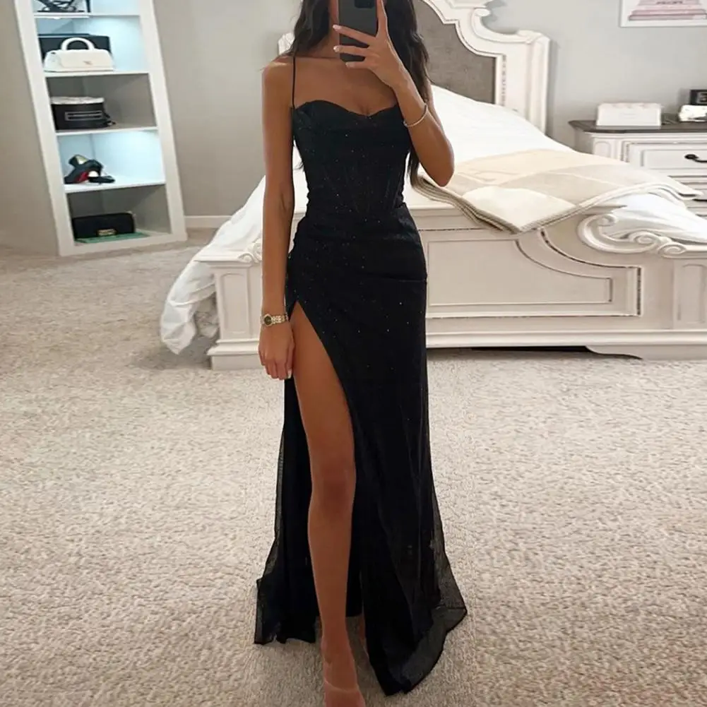 Versatile Party Dress Elegant Sequin Spaghetti Strap Evening Dress with Off Shoulder High Split for Women\'s Prom Floor Length