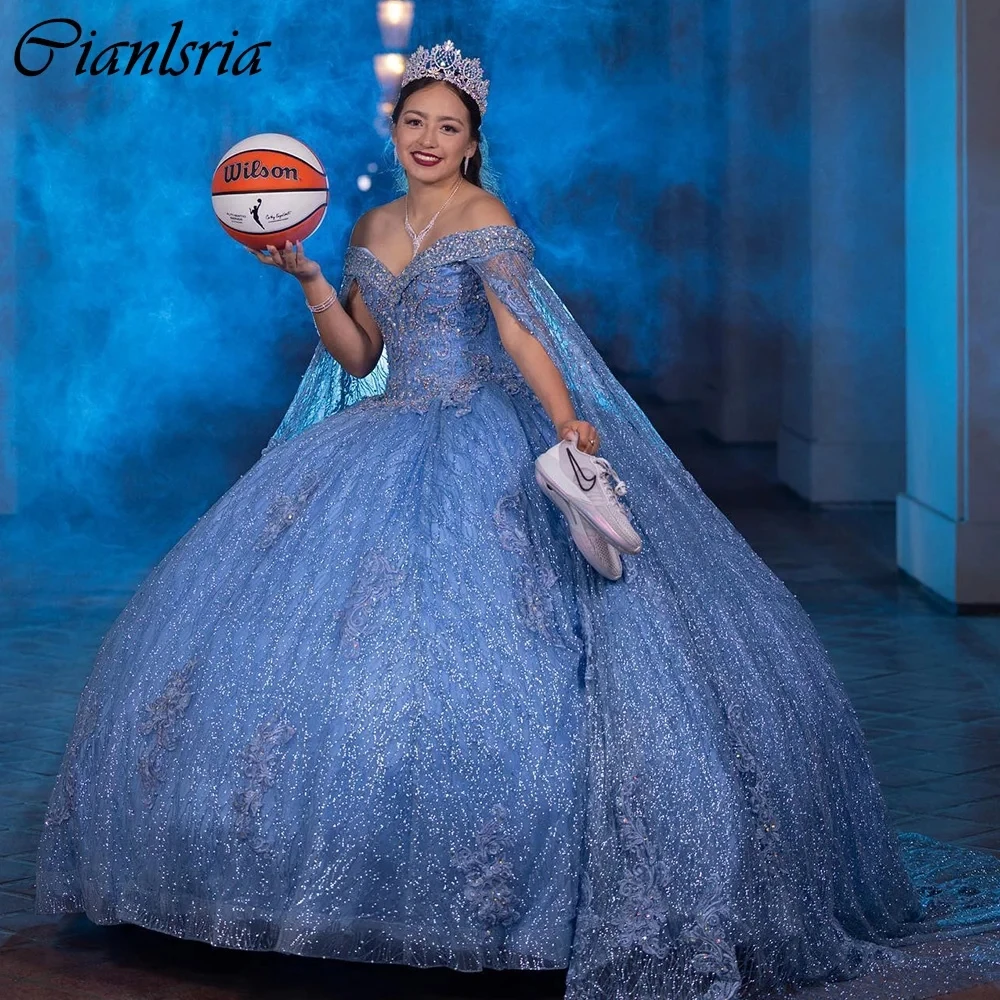 Light Blue Glitter Crystal Beading Ball Gown Quinceanera Dresses With Cape Off The Shoulder Appliques Corset Vestidos De 15 Años