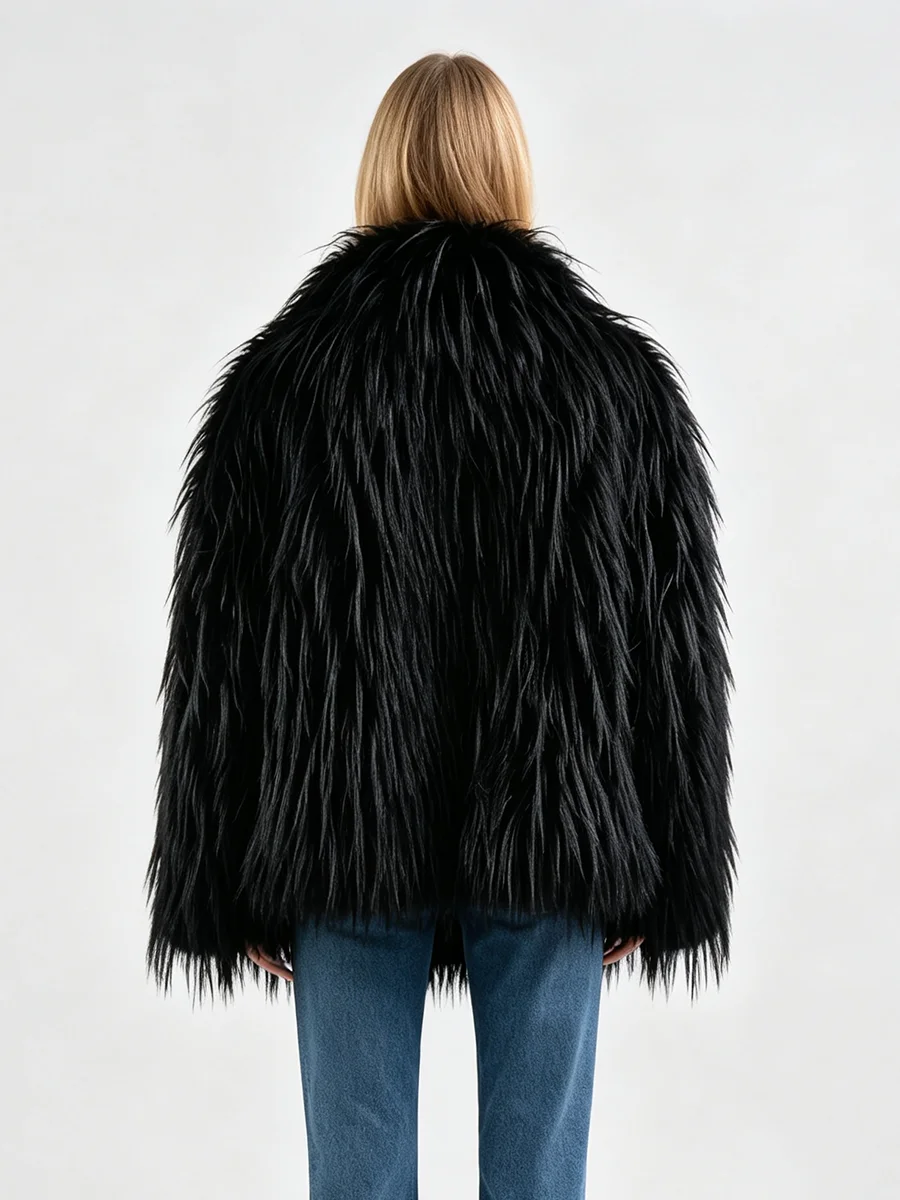 LIMO Women Shaggy Faux Fur Jacket V Neck Long Fluffy Hair Oversized Loose Thick Warm Winter Fashion Ladies Outerwear