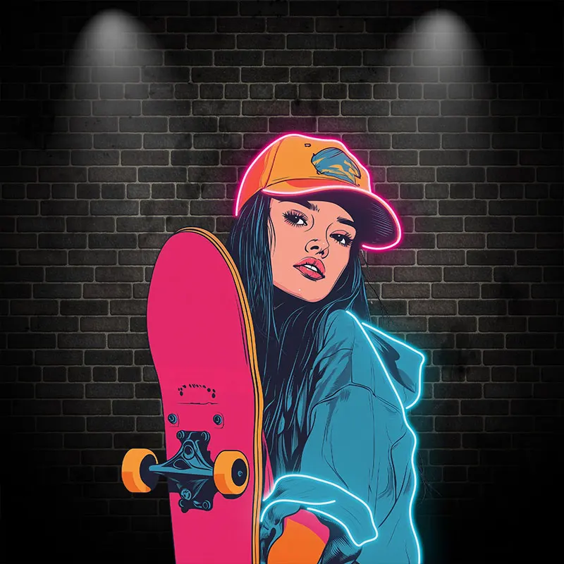 Toysign Neon Sign, Neon Skateboard Girl Wall Art – Vibrant LED Illustration for Youth Spaces, Skater-Themed Decor, Led Light