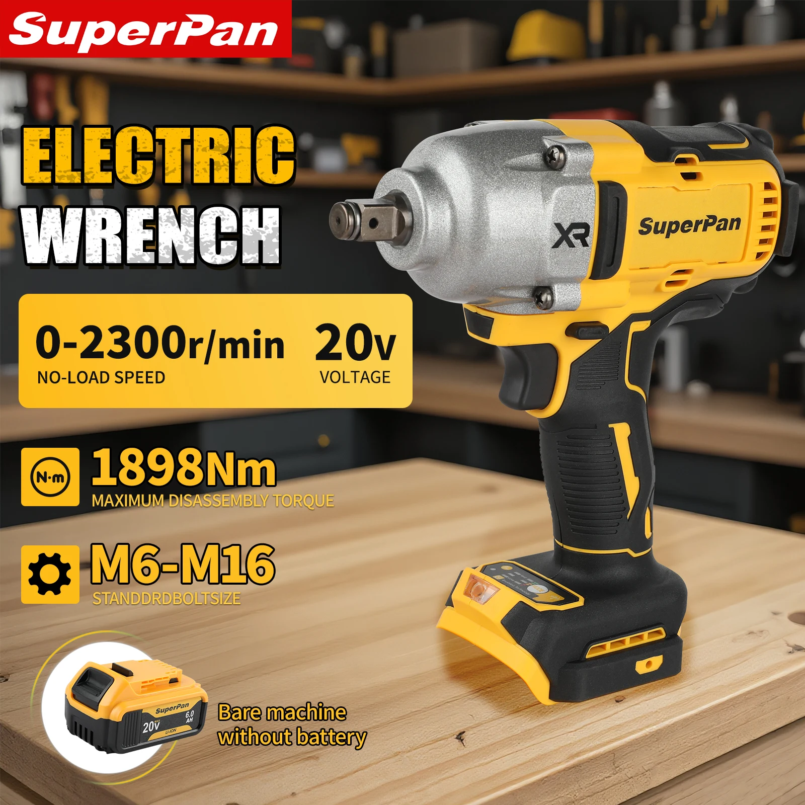 

1898N.m Max Torque | SuperPan DCF900 20V Brushless Electric Wrench, Llave Ajustable 0-2300r/min 6.0Ah Battery for M6-M16 Bolts