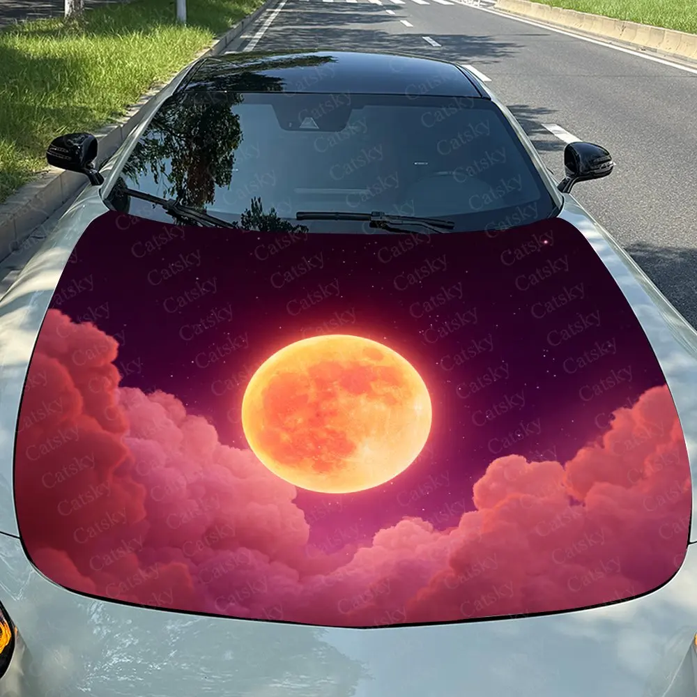 Orange Red Full Moon Car Engine Hood Packaging Color Pattern Stickers Truck Pattern Engine Hood Car Decoration Stickers Gifts