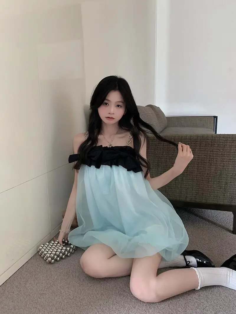 Korean Womne Sweet Splice Chain Blue Suspended Dress Women Summer New Color Contrast Bowknot Mesh Stitching Short Dresses