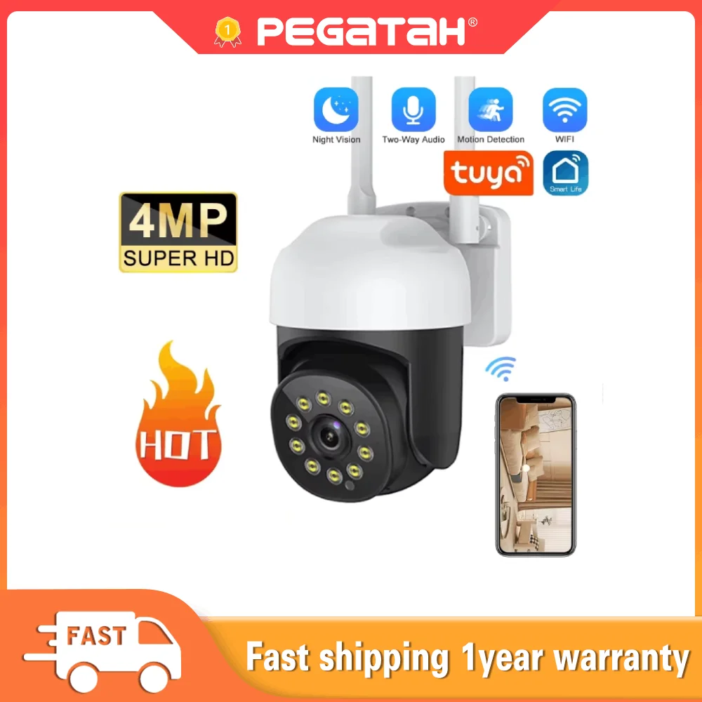 PEGATAH Tuya 4MP Smart Home WIFI Surveillance Camera Color Night Vision Auto Tracking Outdoor HD Video CCTV Security IP Camera