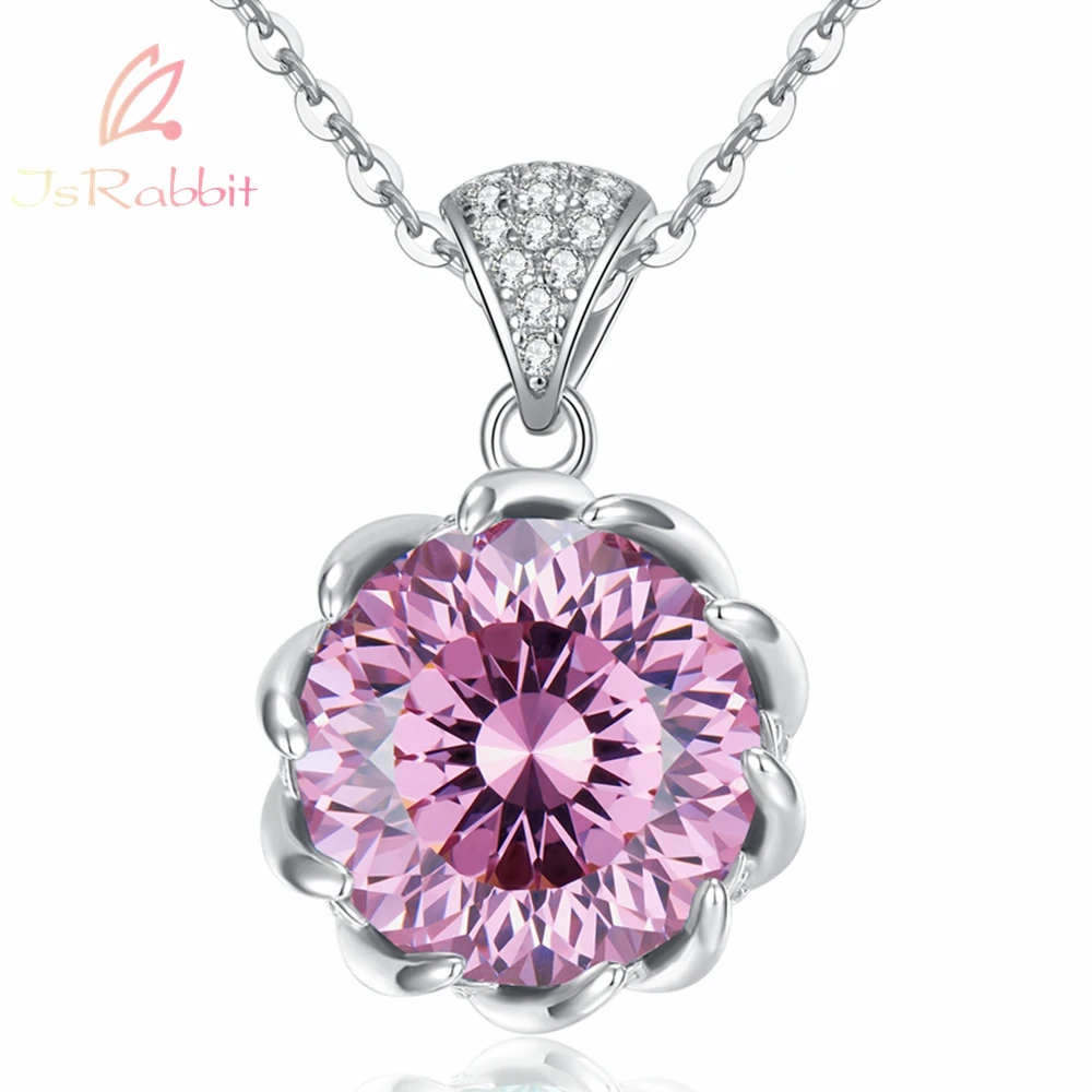 

IsRabbit 18K Gold Plated Round Cut 10*12MM Vivid Pink Sapphire Diamond Engagement Necklaces 925 Sterling Silver Romantic Jewelry