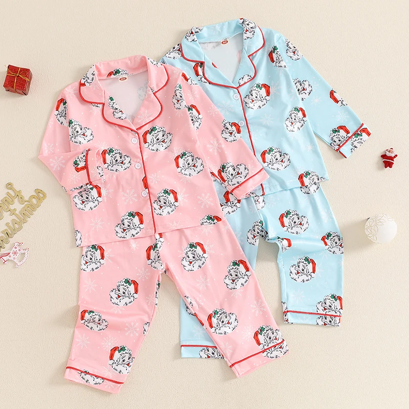 1-5 Years Toddler Girls 2PCS Christmas Pajama Sets Long Sleeve Lapel Santa Claus Print Shirt Elastic Waist Pants Sleepwear