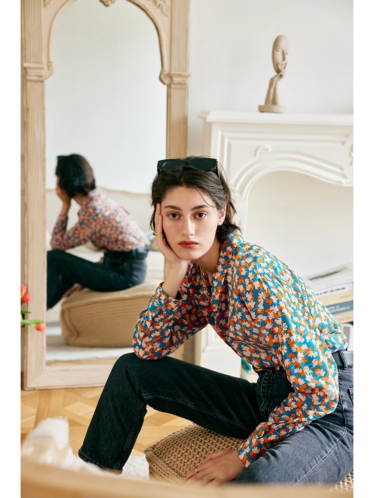 SuyaDream, Woman Floral Shirts, 100%Silk Crepe, Long Sleeves, Printed Blouses, 2025 Spring Autumn Office Lady Top