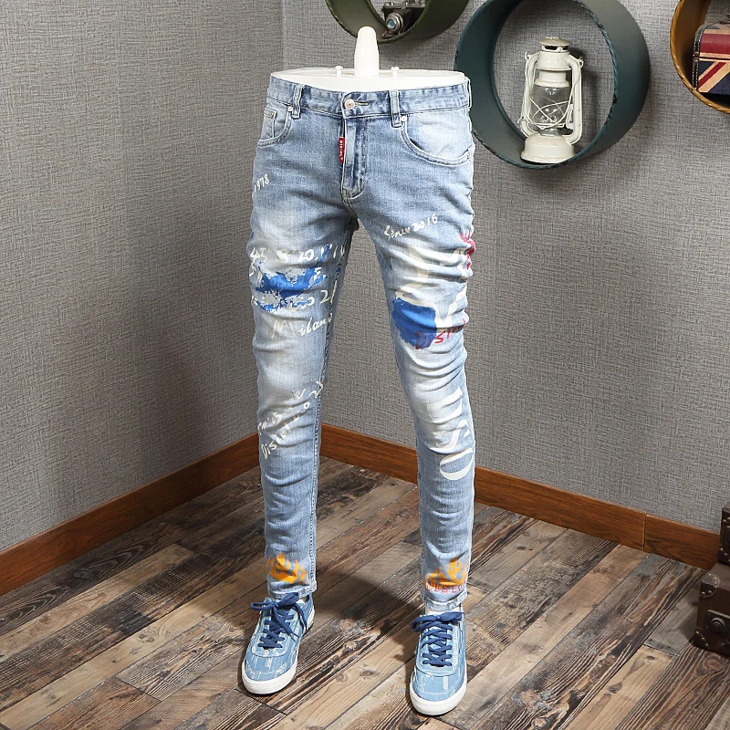 

Streetwear Fashion Men Jeans Retro Light Blue Slim Fit Printed Jeans Men Night Club Painted Hip Hop Denim Pencil Pants Hombre