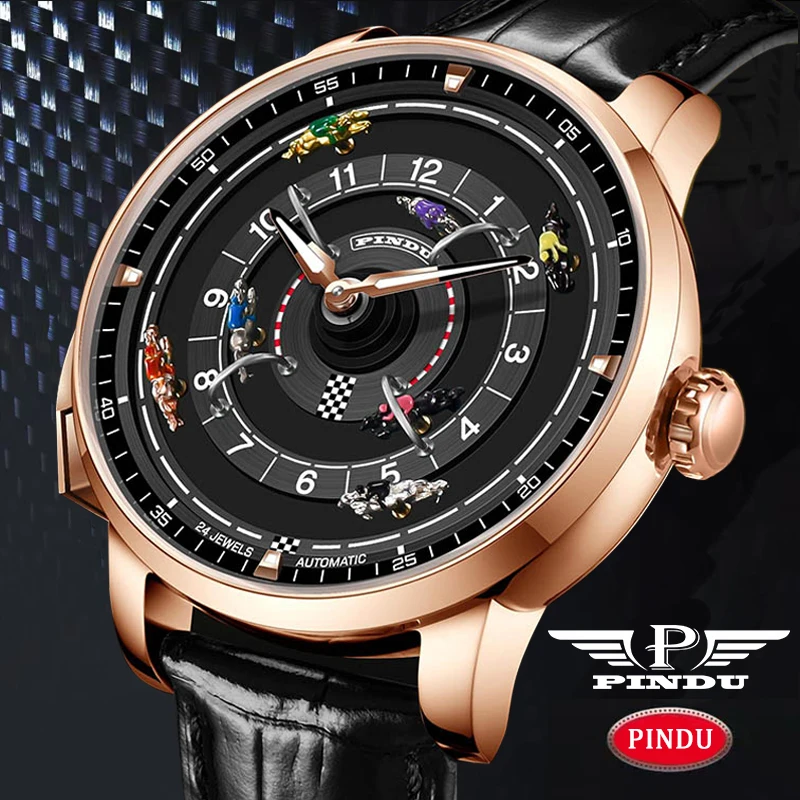 2025 PINDU تصميم جديد Racecourse الهاتفي ساعة ميكانيكية الرجال NH35 حركة زر القرص الدوار الفولاذ المقاوم للصدأ ساعة أوتوماتيكية بالكامل
