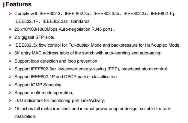 Switch Ethernet Gigabit não gerenciado de 24 portas 10/100/1000Mbps com 2 + 2 portas 1G Uplink SFP + VLAN e suporte IGMP