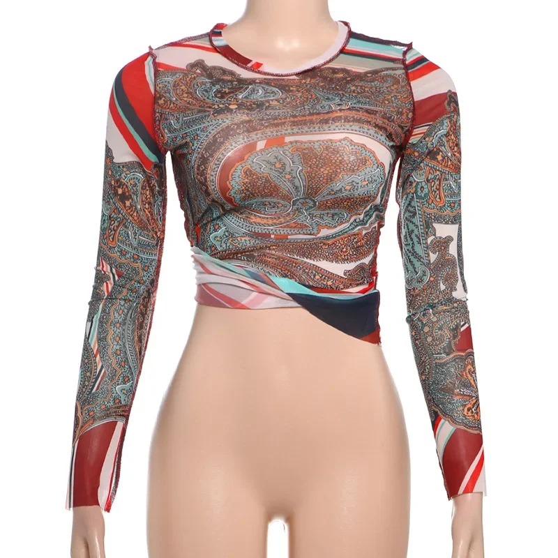 2025 Lente Sexy Mesh Print See Through Slanke T-shirt Vrouwen O Hals Volledige Mouw Casual Hip Hop Pittige Meisjes Grafische streetwear Tees