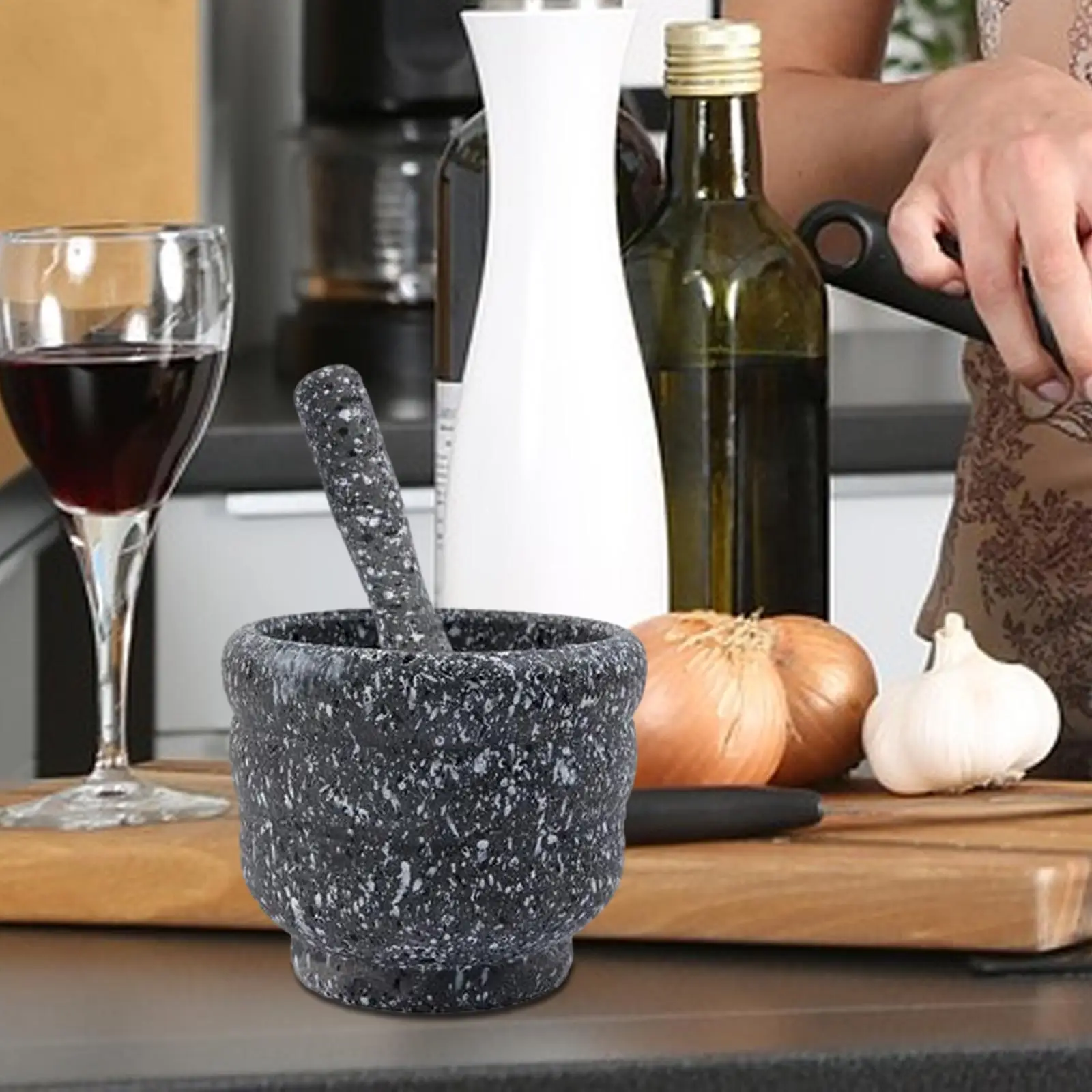 Mortar and Pestle Reusable Garlic Mashing Pot Granite Pattern Portable Garlic Crusher for Spice Hot Sauce Ginger Nuts