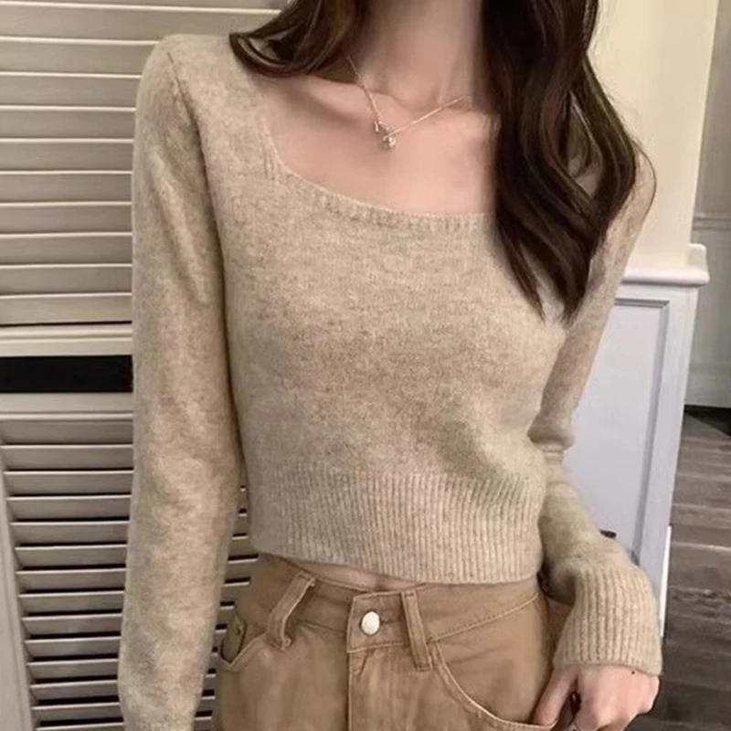 Hottie Crop Knit Sweater Women Long Sleeve Square Collar Korean Solid Pullovers Autumn Winter All Match Simple Bottoming Jumpers