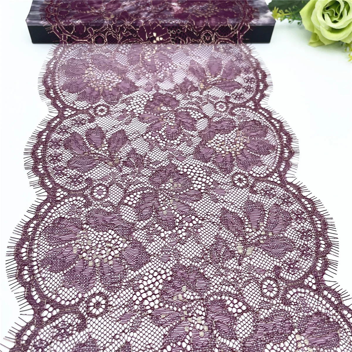 3y/lot Width 9 inch 23cm Burgundy Gold Non-Elastic Eyelash Lace Trim Lingerie Sewing Craft DIY Apparel Fabric Lace Garment Acce