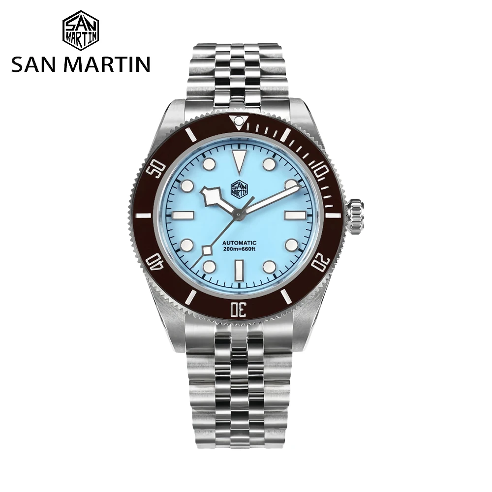 San Martin 40mm Diver Watch Enamel Dial Light Blue Pink Stainless Steel NH35 Automatic Luminous 200m Waterproof for Men SN0128