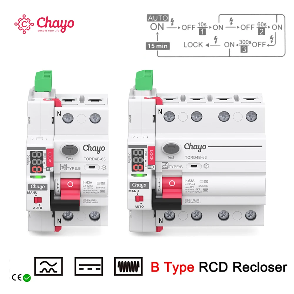 

B Type RCD LED Auto relocer Modular Circuit Breaker 40A 63A 30mA 100mA 300mA safe Switch 220V Leakage Circuit Breaker RCD