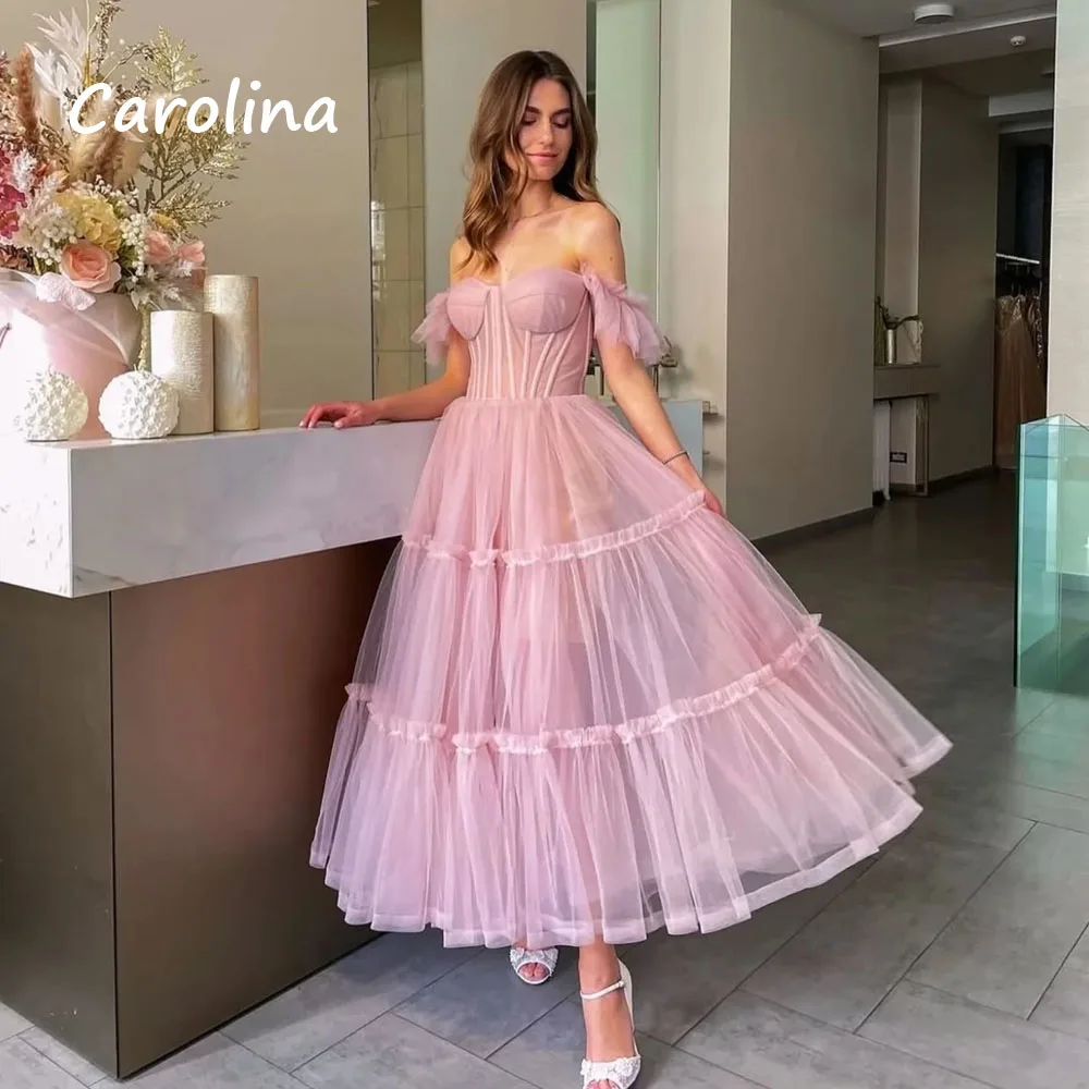 

Carolina Customized Pink Tulle Prom Dress Off Shoulder Cocktail Dress Lace Up Back A-Line Graduation Dresses for Highschool